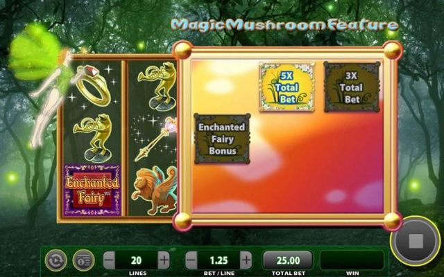 The Magic Mushroom feature will award one of three prizes including the Enchanted Bonus feature. Here the prize selection is a 5x total bet multiplier.