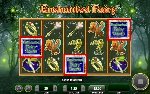 Enchanted fairy Bonus triggered by three scattered bonus symbols.