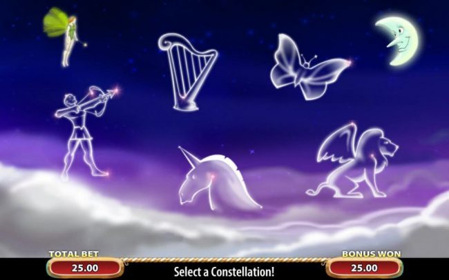 Enchanted Fairy Bonus continues with a second pick feature. Select a constellation to reveal a monetary prize award.