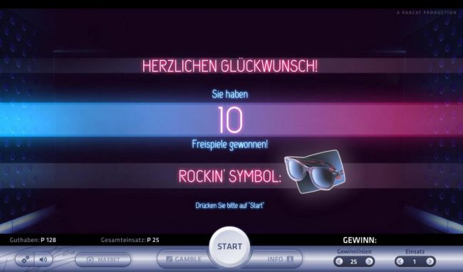 10 free games awarded with sunglasses as the rockin symbol