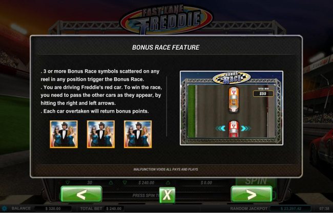 3 or more Bonus Race symbols scattered on any reel in any position trigger the bonus race.