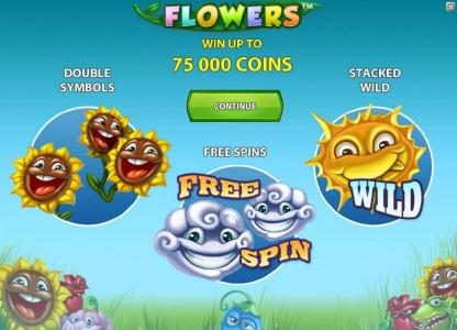 game features - win up to 75000 coins, double symbols, free spins and stacked wilds