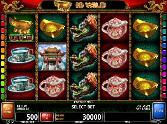 An Asian themed main game board featuring five reels and 25 paylines with a $250,000 max payout