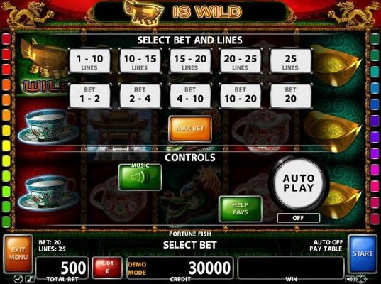 Select Bet and Lines - 1 to 25 Lines and 1 to 20 coins per line.
