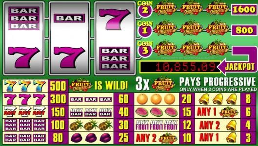 main game board featuring three reels, three paylines and a progressive jackpot