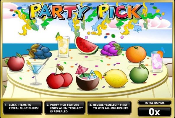 Party Pick Game Board - Click on items to reveal multipliers. Party Pick feature ends when Collect is revealed. Reveal Collect first to win all multipliers.