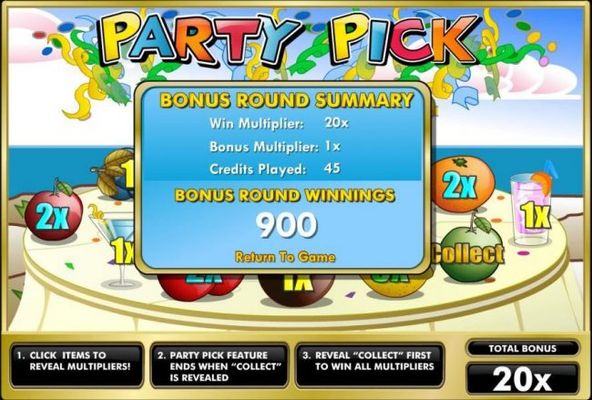 Party Pick Bonus Round Summary - Win Multiplier = 20x, Bonus Multiplier = 1x, Credits Played 45 pays out a 900 coin big win!