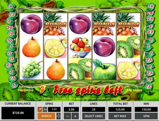 Bonus feature can be triggered during the free spins feature when three pineapple symbols appear on an active payline..