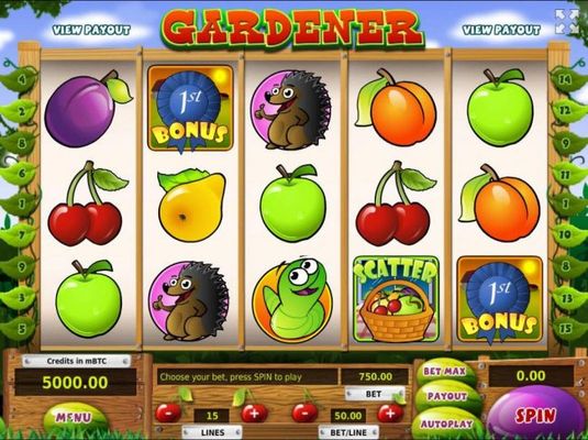 A Farm Gardener inspired main game board featuring three reels and 15 paylines with a $250,000 max payout