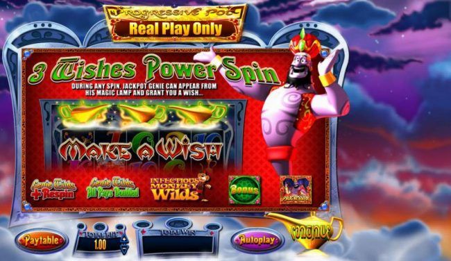 features 3 Wishes Power Spin. During any spin, Jackpot Genie can appear from his magic lamp and grant you a wish. Pick from one of three magic lamps to reveal a prize.