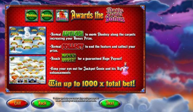 Land two bonus symbols and a magic carpet bonus symbols awards the Magic Carpet Bonus. Win up to 1000x total bet!