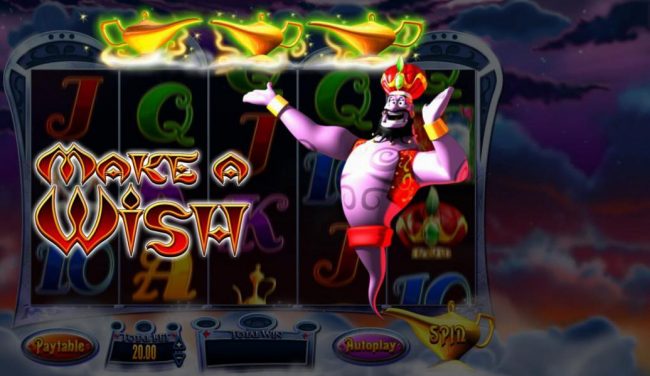 Three Wishes Power Spin randomly triggers when Genie appears from his lamp. Select one of the magic lamps to reveal a prize award.