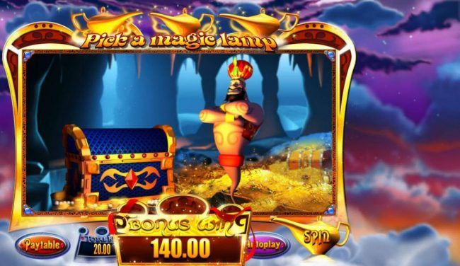 Pick a magic lamp to continue playing the Mystery Win Bonus feature. Choose wisely, so as, not to pick the Collect option.