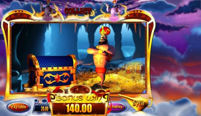 Mystery Win Bonus feature play will contniue as long as you keep selecting the magic lamp that reveals a Genie.