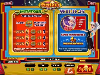 Instant Cash Paytable and Wild 4x Paytable
