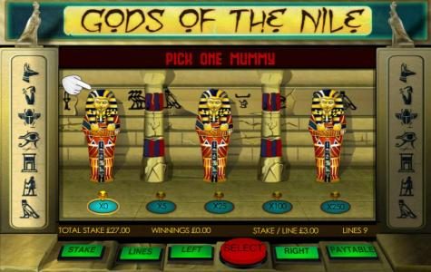 Pick one mummy to reveal prize. Game play ends when you select the mummy