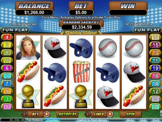 A baseball sports themed main game board featuring five reels and 20 paylines with a $250,000 max payout