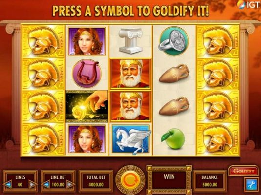 A Greek mythological themed main game board featuring five reels and 40 paylines with a $250,000 max payout