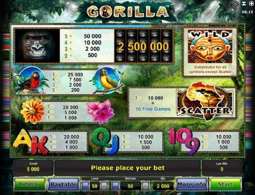 Slot game symbols paytable - high value symbols include a gorilla, a red bird and a yellow bird.
