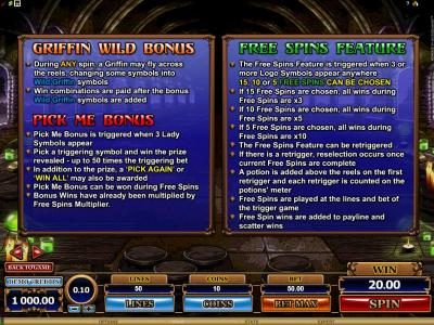 griffin wild bonus rules, pick me bonus rules and free spins feature rules