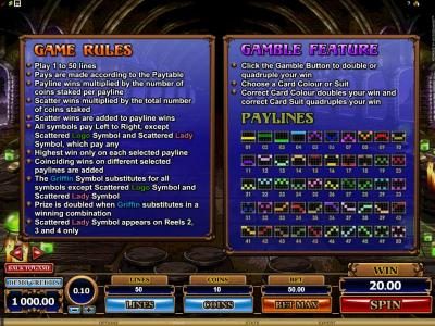 gaem rules, gamble feature and 50 payline diagrams