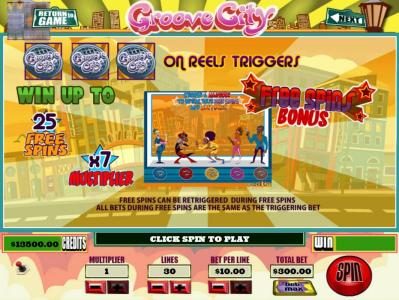 Three Grove City symbols on reels triggers Free Spins. Win Up To 25 free spins.