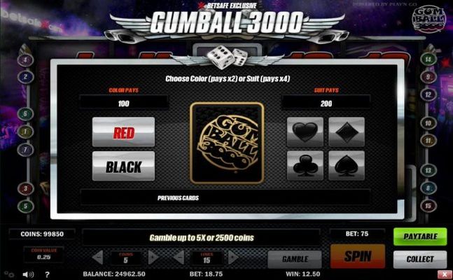 Gamble feature Rules - To gamble any win press GAMBLE the select red or black or suit.