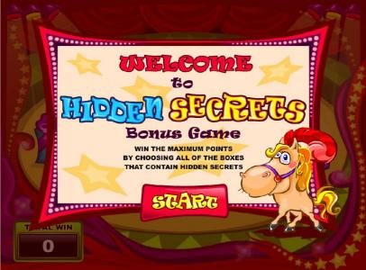 welcome to hidden secrets bonus game. win the maximum points by choosing all of the boxes that contain hidden secrects