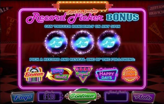 features Record Picker Bonus and can trigger randomly on any spin. Pick a record and reveal one of the following: Jukebox Bonus, Rock N Roll, Wild Reels, Colossal Happy Day and Rock the Jackpot Progressive.