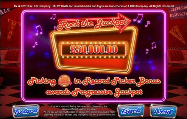 Rock the Jackpot Progressive - Picking the Rock the Jackpot symbol in the Record Picker Bonus awards the progressive jackpot.
