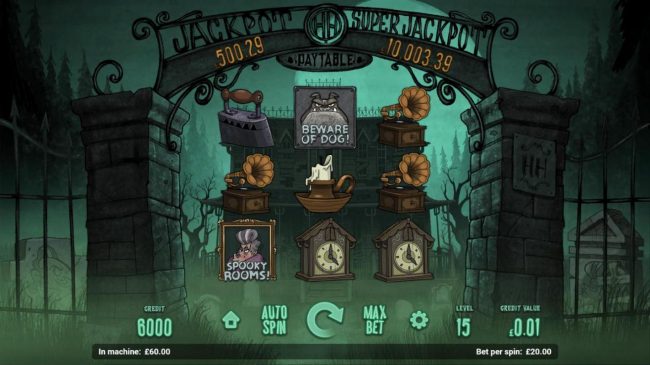 A ghost treasure themed main game board featuring three reels and 8 paylines with a progressive jackpot max payout