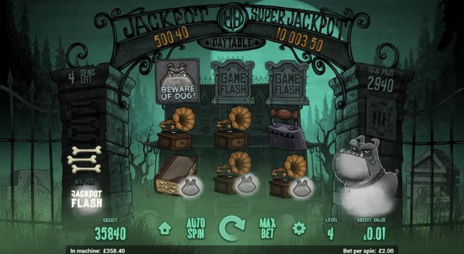 Feed dog bones to the ghost dog by collecting bull dog overlays during the free spins. Remove enough dog bones with the alloted free spins and you could go to the Jackpot Flash round.