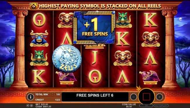 Landing a Zeus symbol on reels 2, 3 and 4 during the Free Spins round awards 1 addtional Free Spin.