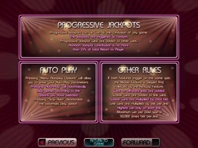 Game rules for progressive jackpots, auto play and other rules