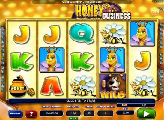Main game board based on a honey bee theme, featuring five reels and 30 paylines with a $30,000 max payout