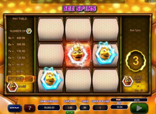 Three of a kind triggers a 60.00 payout during the free spins feature.