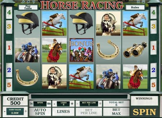 A horse racing themed main game board featuring five reels and 5 paylines with a $10,000 max payout