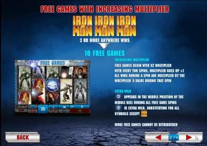 free games with increasing multiplier. three or more iron man 2 symbols anywhere wins 10 free games