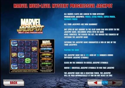 all marvel slots are linked to four mystery progressive jackpots. all four jackpots are won randomly