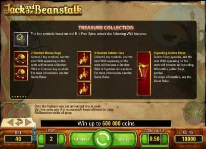 treasure collection - the key symbols found on reel 5 in free spins unlock the following wild features, 2 stacked money bags, 3 stacked golden hens and expanding golden harps