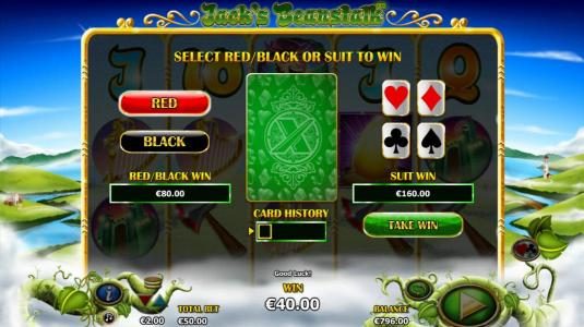 Gamble feature is available after each winning spin. Select the color or suit to play.