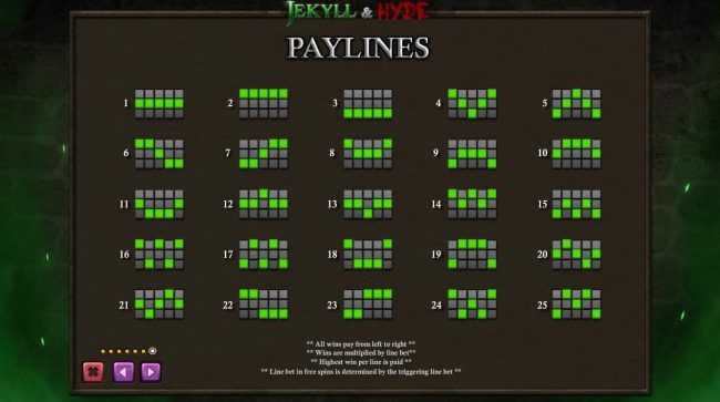 Payline Diagrams 1-25. All wins pay left to right. Wins are multiplied by the line bet. Highest win per line is paid.
