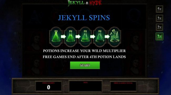Jekyll Spins - Potions increase your wild multiplier. Free games end after the 4th potion lands.