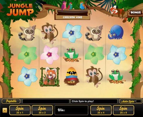 An animal adventure themed main game board featuring five reels and 25 paylines with a $12,000 max payout