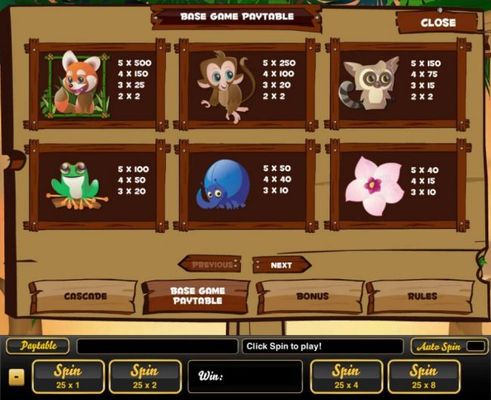 High value slot game symbols paytable featuring animal themed icons.