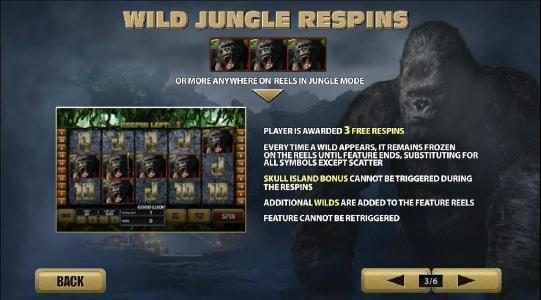 wild jungle respins with 3 or more anywhere on reels in jungle mode