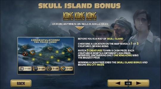 skull island bonus triggered when 3 or more kong symbols anywhere on reels in jungle mode