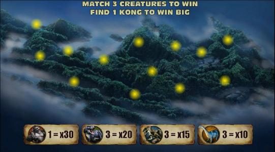 match 3 creatures to win, find 1 kong to win big