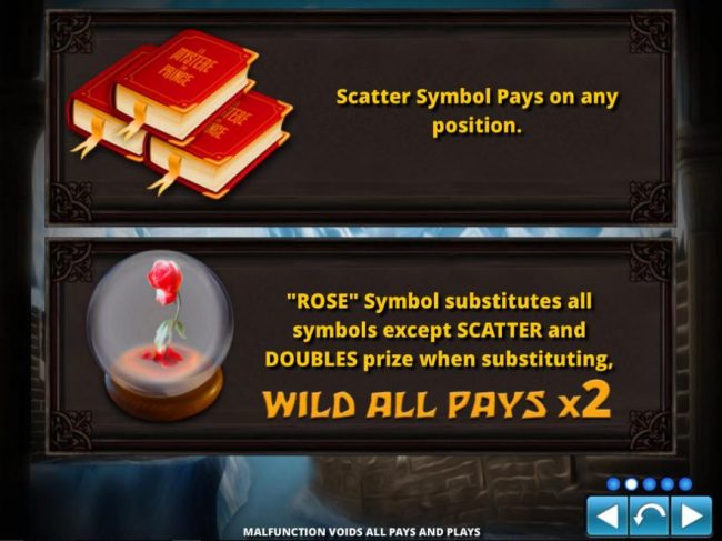 Scatter symbols pays on any position. Rose symbols substitutes for all symbols except scatter and doubles prize when substituting