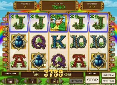 3788 coin jackpot triggered by multiple winning paylines during free spins features